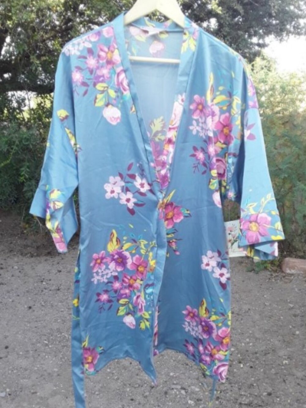 KAFTAN FLORAL SATIN wrap ROBE WITH BELT SIZE LARGE BLUE GRAY NEW